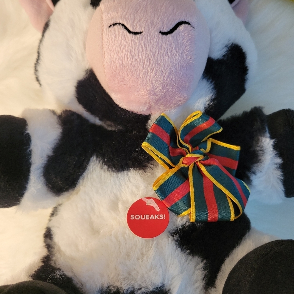 Plush Cow Toy with Bow - Black and White - Picture 9 of 9